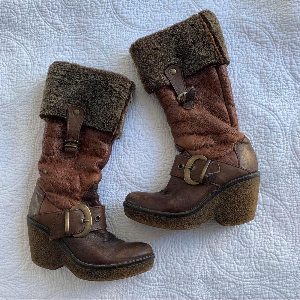 Italian Brown Leather and Faux Fur Chunky Boots